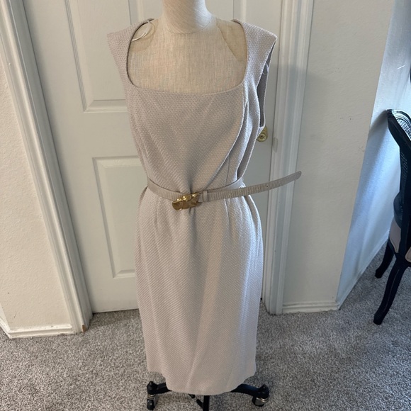 Donna Karan Cream Textured Square-Neck Midi Dress with Gold Buckle Belt